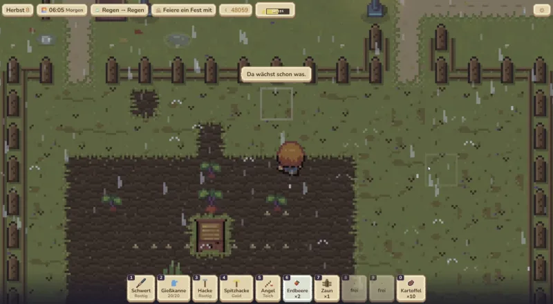 Moonvalley — Farmspiel im Browser: Hof im Herbstregen mit Beeten und Werkzeugleiste